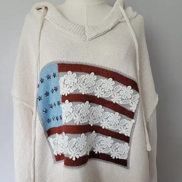 Pol Sweater Hoodie American Flag Boho Oversized NEW Sz L Patriotic Art To Wear - Picture 2 of 12